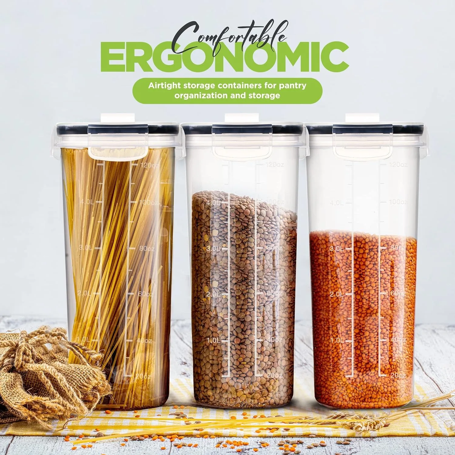 Stockage de récipients de céréales – Récipients de conservation des aliments hermétiques et distributeur de céréales (transparent, paquet de 4 litres de 6)