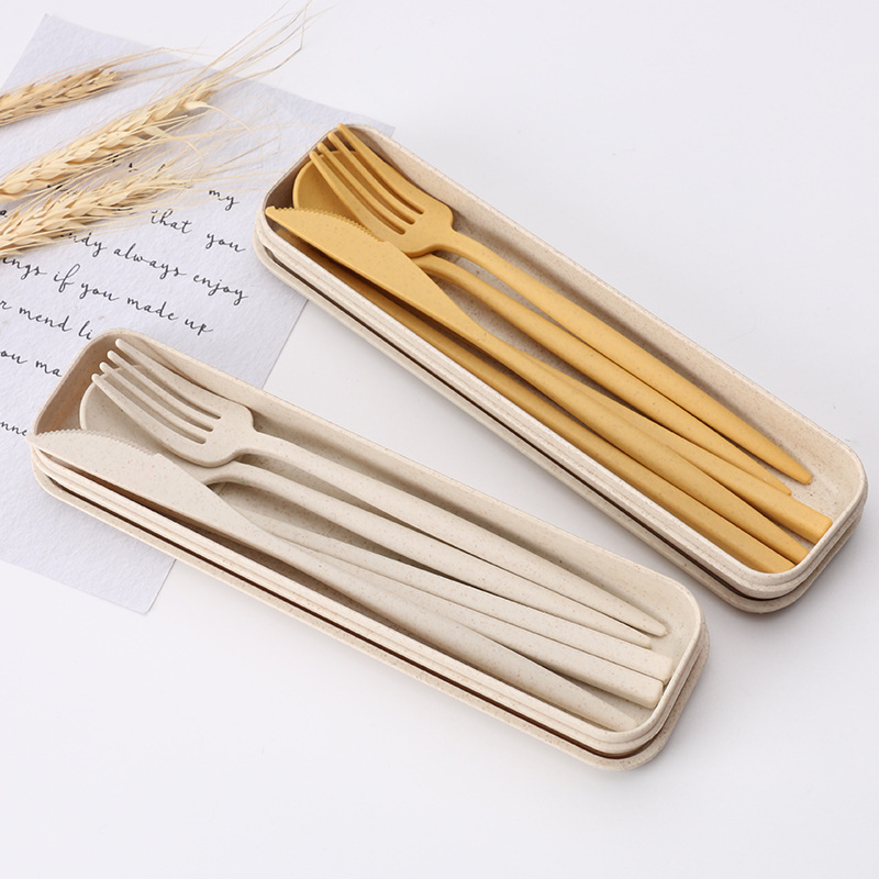 Wheat Straw Cutlery Set Cutlery Fork Spoon And Chopsticks Portable Cutlery Set Solid Color Storage Cutlery Set