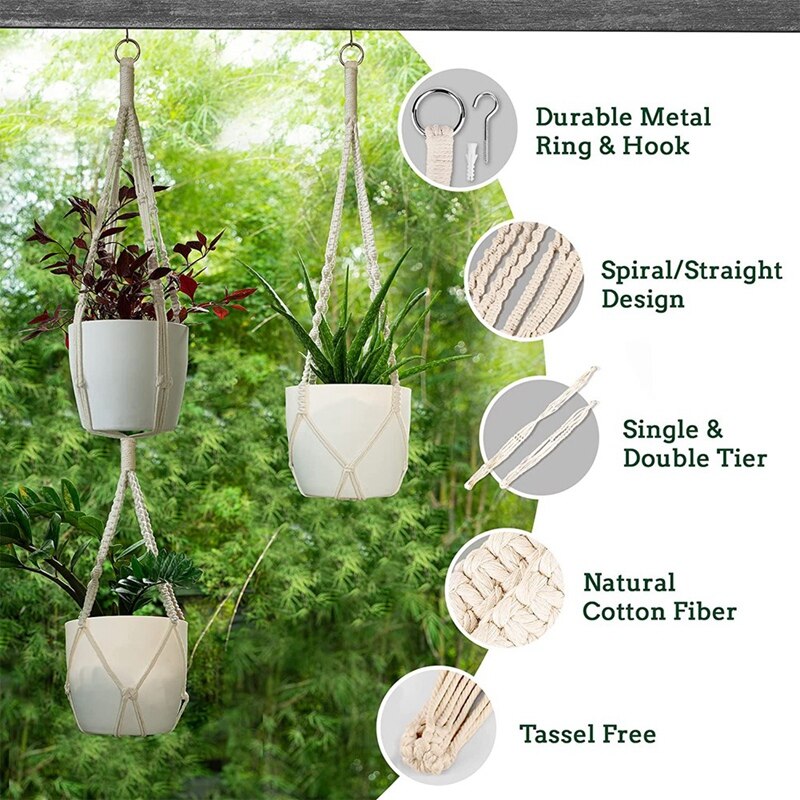 Plant Hangers Indoor Macrame Plant Hangers Without Tassels Hanging Macrame Planters. Single Tier Plant Macrame 2 Pcs