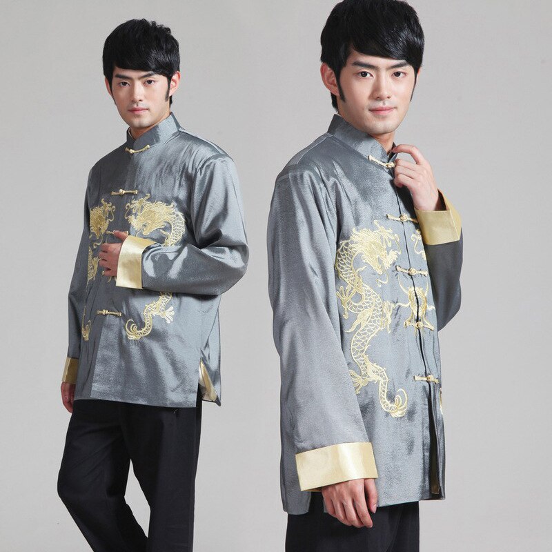 Chinese Kung Fu Geborduurde Gouden Dubbele Draak Tang Pak Mannen Met Lange Mouwen Jas Lente Herfst Leisure Kraag Jas bruce Lee