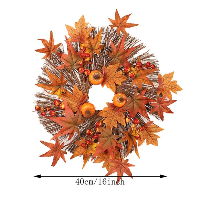 Artificial Fall Wreath, Autumn Wreath With Maple Leaves Pumpkin And Berries, For Front Door Thanksgiving Decoration