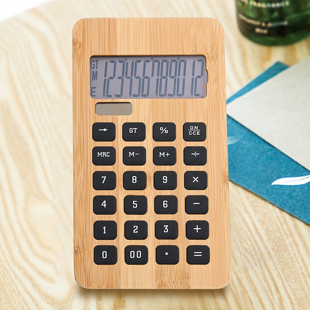 Desktop Bamboo Calculator Counter 12 Digits Display Solar Energy & Button Battery Dual Powered Eco-friendly Calculating Tool