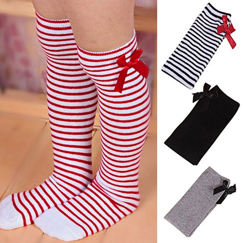 1 Pair of Kids Girls Solid Color Striped Bow Stockings Elastic Over the Knee Long Socks Girl Knee Socks