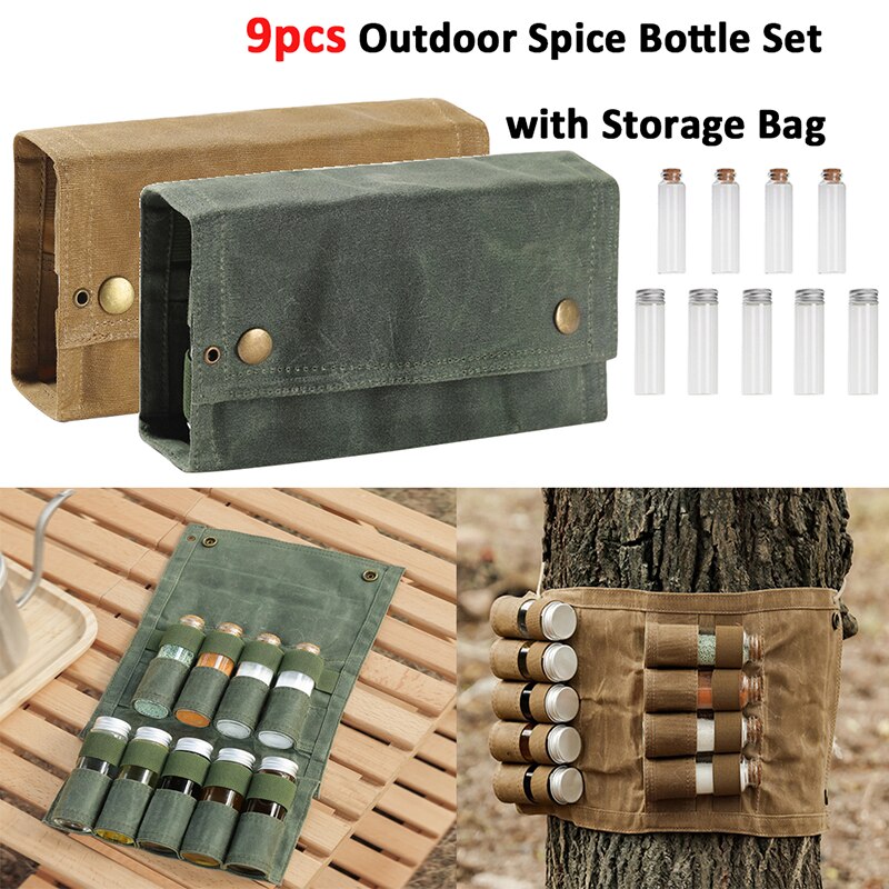 9pcs Outdoor Spice Bottles Set with Storage Bag Folding Wax Canvas Large Capacity Camping Hiking Bushcraft Picnic Crafts Vials