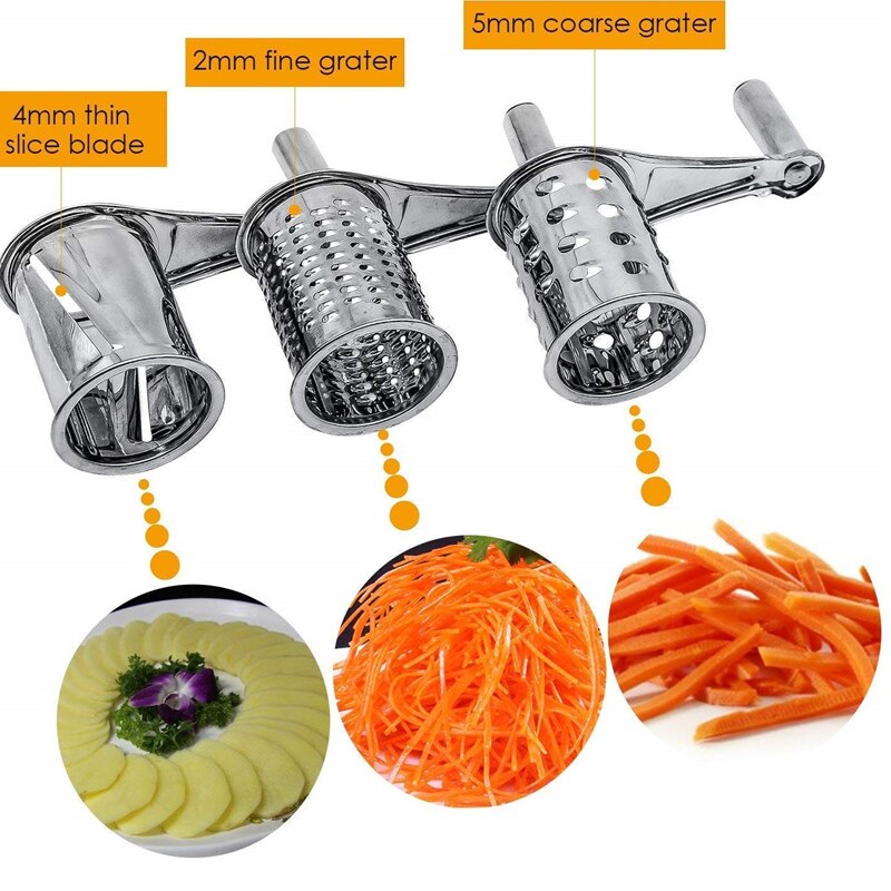 Rotary Cheese Grater Vegetable Cutter Slicer Shredder with 3 Interchanging Rotary Cylinders Stainless Steel Drums & Slicer