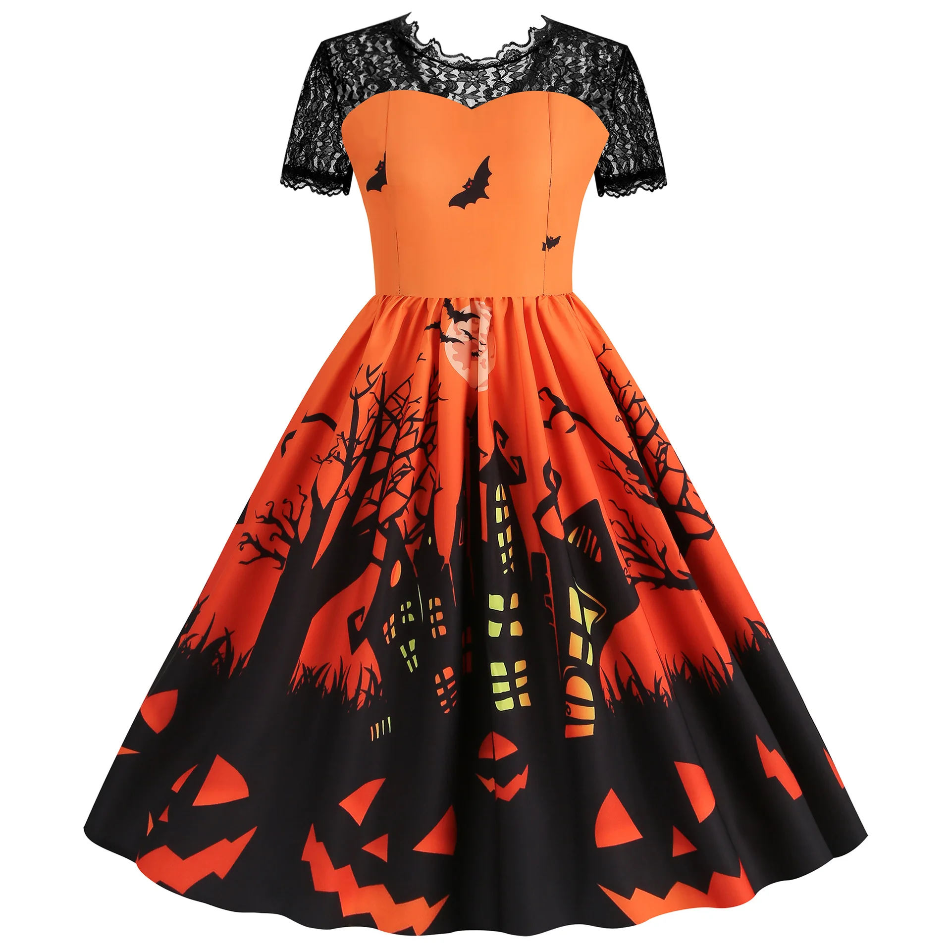 Contrast lace patchwork halloween print party night pleated dress women's festival clothing vintage midi dresses: Xxxl / Orange