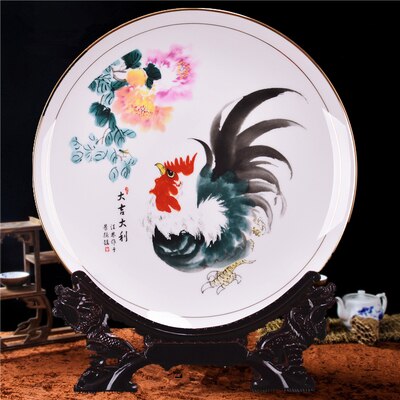 25 cm Fine Bone China Plate Ceramic Ornamental Plate Chinese Style Decoration Plate Wood Base Porcelain Plate Set: rooster