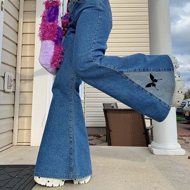 Frauen Y2K Blau Schmetterling Druck Frauen Streetwear Jahrgang Patchwork Denim Jogginghose Harajuku ausgebeult aufflackern Jeans Jogger Hosen