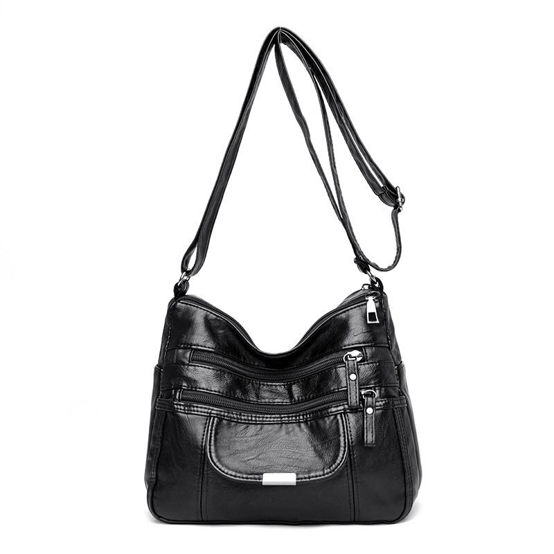 Retro women's bag double zipper shoulder bag soft leather handbag simple messenger bag trend multi-pocket bag: black