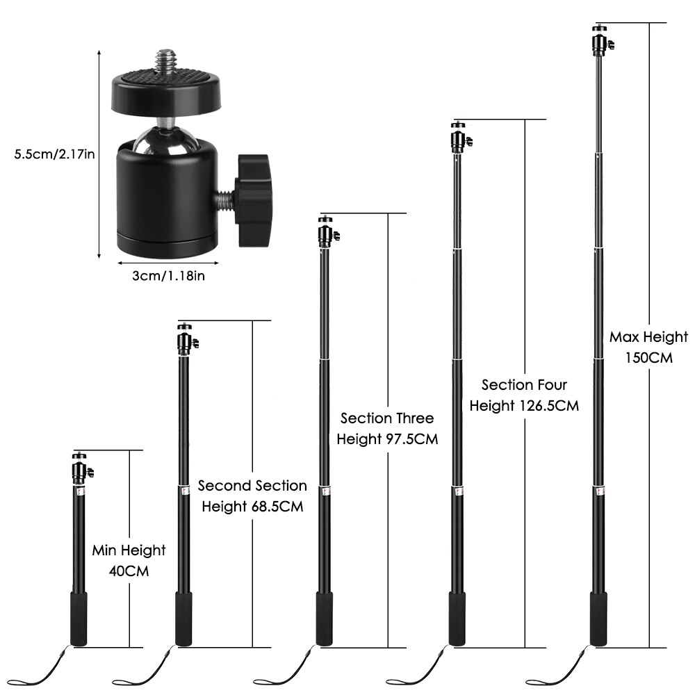 Stativ für smartphones, tragbarer selfie-stick für vlogs, ringlicht-selfie-stativ mit bluetooth-fernbedienung und halterung: 150cm