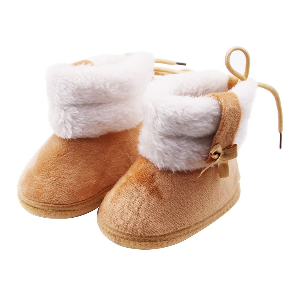 Infant Baby Girls Snow Boots, Anti-Slip Sole Warm Winter Fur Lining Boots with Cute Bow: coffee / Size 14