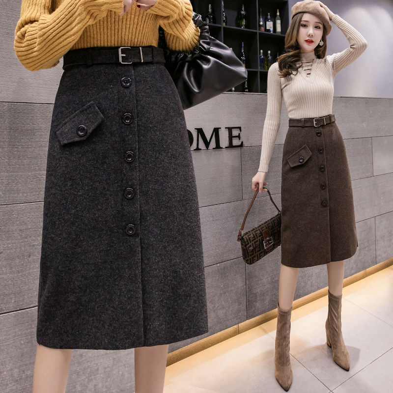 Autumn Winter Women's Single-breasted Woolen Skirts Female Midi Long Split Skirts Ladies Slim Package Hip Skirts R837