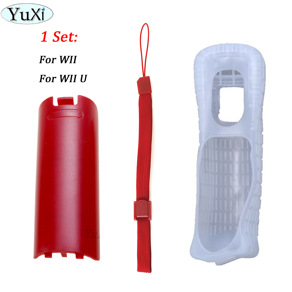 1 impostato custodia protettiva in silicone custodia per porta posteriore batteria kit cinturino da polso per parte telecomando WII Wii U: bianca