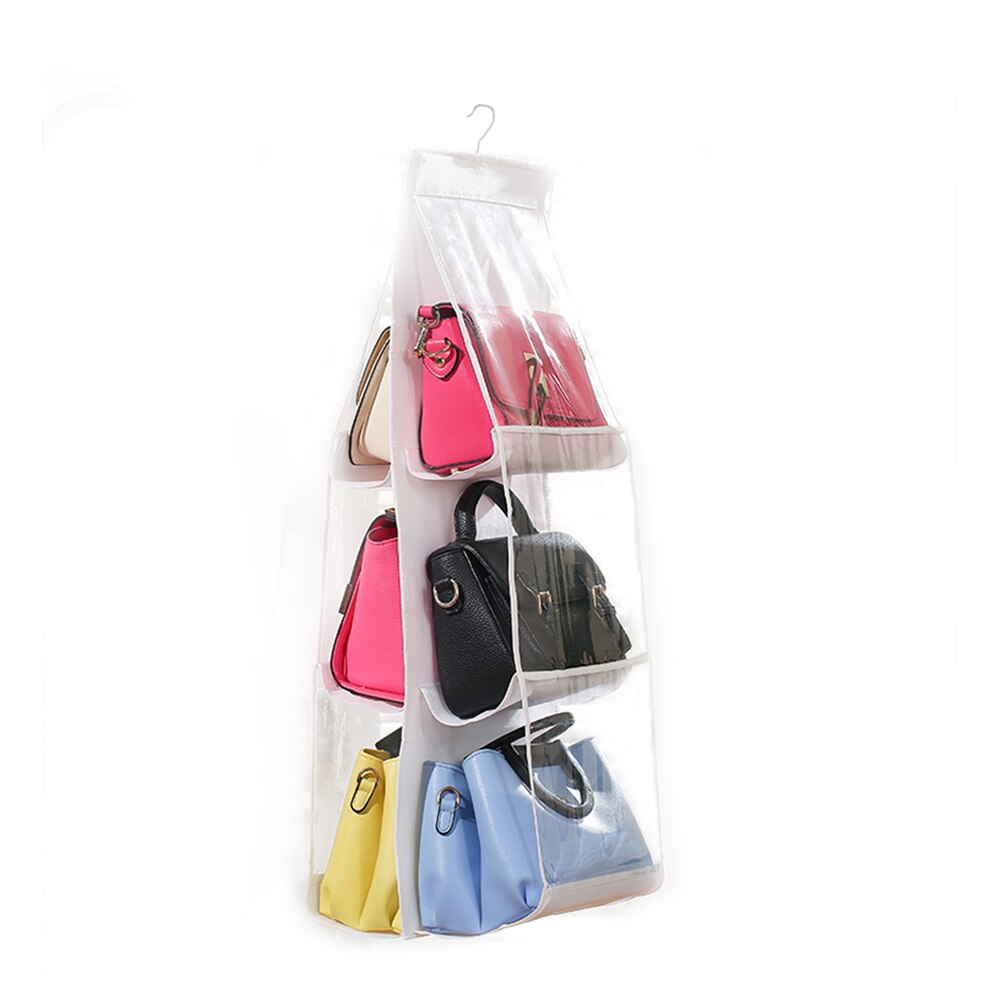 "6 Pocket Hanging Handbag Organizer for Wardrobe Closet Transparent Storage Bag Door Wall Clear Sundry Shoe Bag with Hanger Pouc: Storage bag white