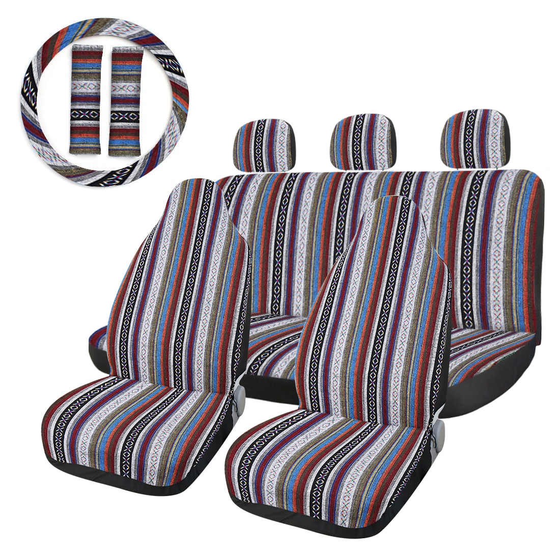 X Autohaux Car Seat Covers Set Baja Saddle Blanket Weave Universal Fit Most Car Seat Protection Steering Wheel Cover Protector: 10pcs Style1