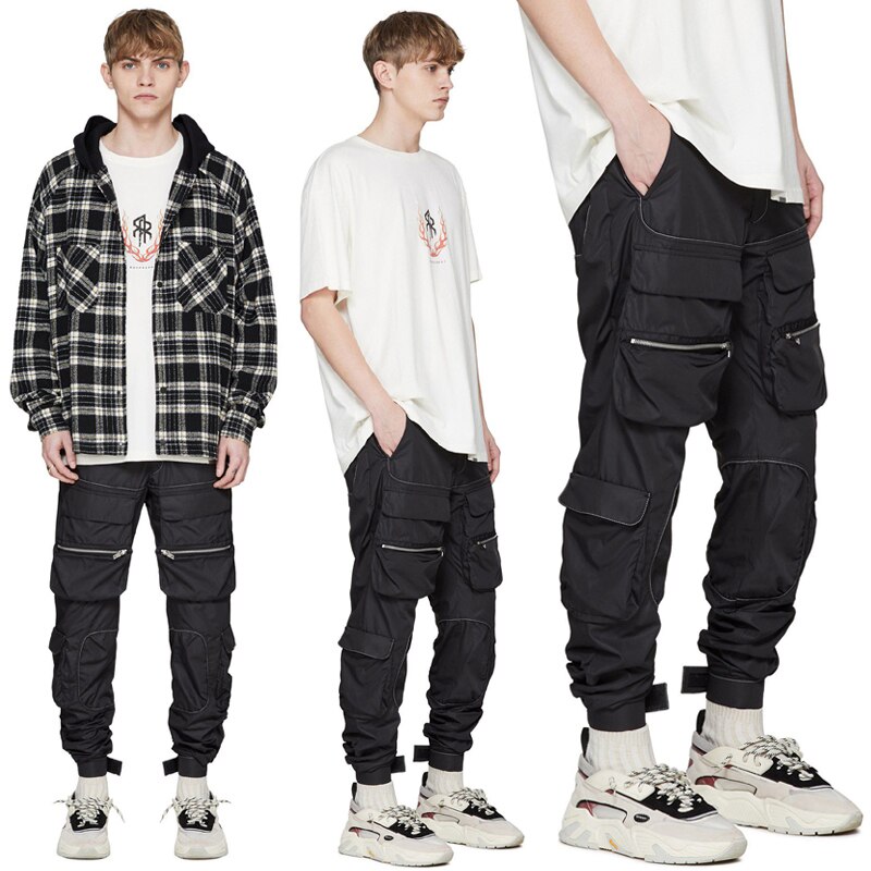 Mehrere Taschen Hüfte hüpfen Radfahrer Ladung Hosen Männer Hübscher Streetwear Funktion Jogger Hosen Klettverschluss Verschluss Hosen für Männer