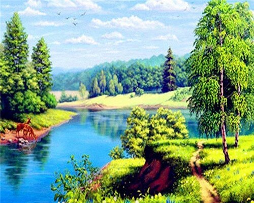 Azqsd kleuren op nummer natuur landschap acryl afbeeldingen olieverfschilderij op nummer meer schilderpakketten woondecoratie: Szyg 3015