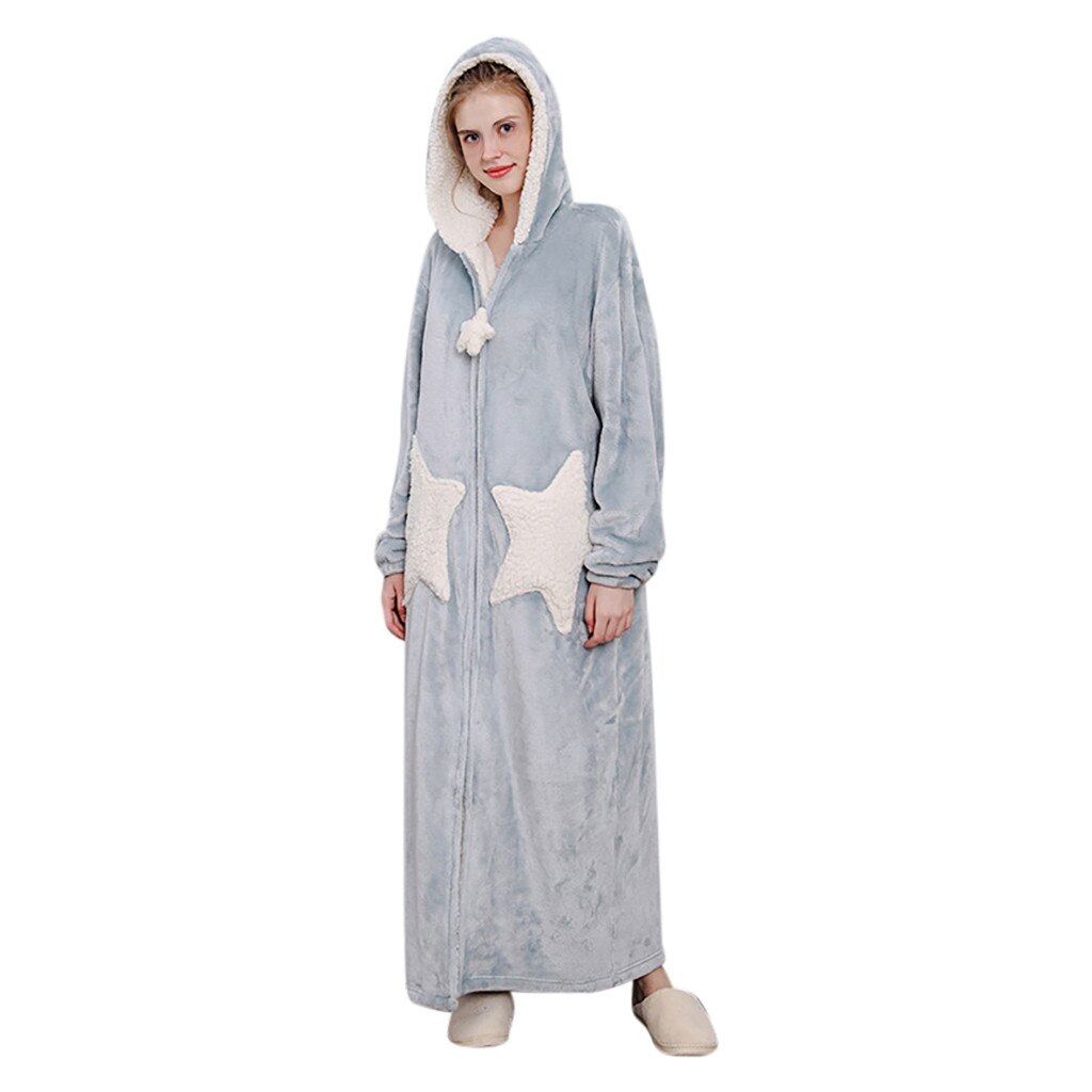 Peignoir en molleton pour femme, vêtement d'hiver, avec capuche épissée, fermeture éclair et poches: Blue / M