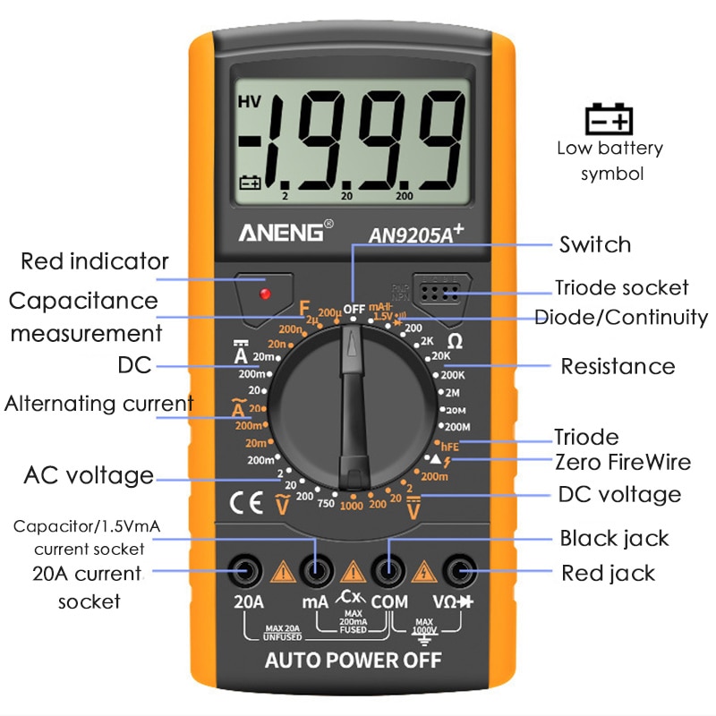 DT9205A + Digitale Multimeter Ac/Dc Profesional Transistor Tester Elektrische Esr Ncv Test Meter Analoge Auto Range Multimetro