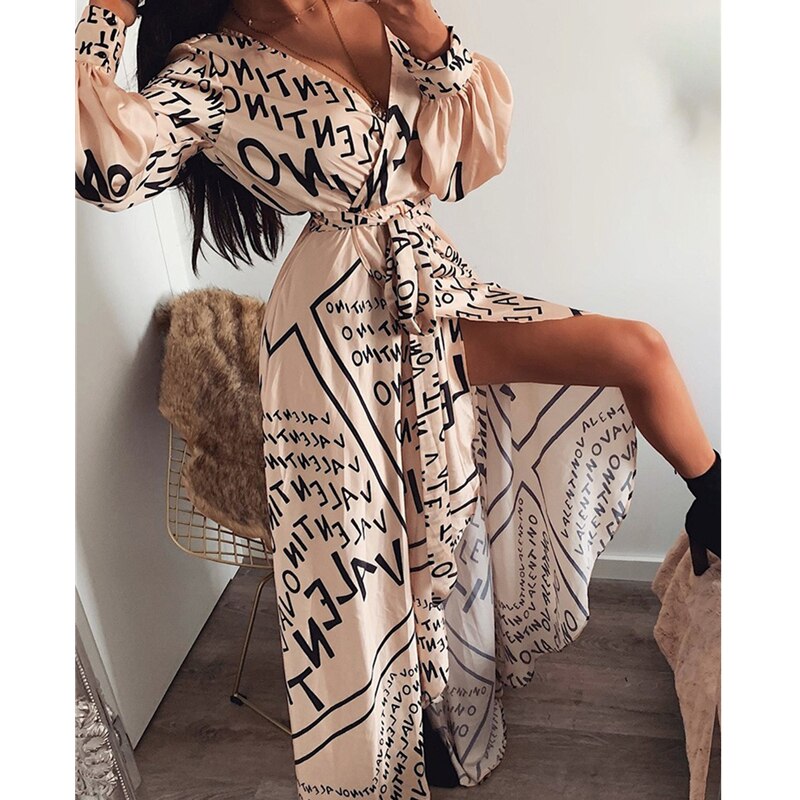 Women Spring Summer Autumn Dress Letter Print Boho V-neck Long Dress Slit Maxi Dress Beach Robe Femme Casual Loose Dresses