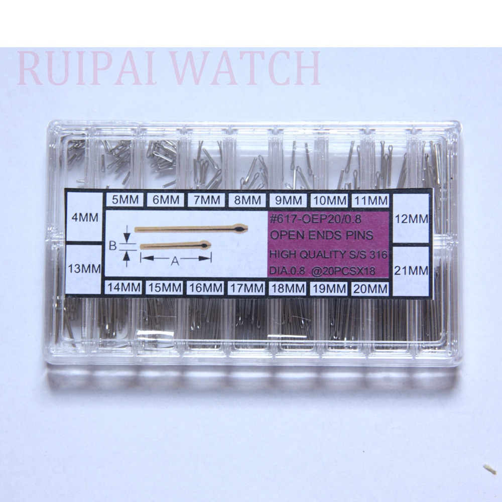 316 # Roestvrij Stalen Horloge Armband Split Pins Assortiment (360 Pc) diameter 0.8 Mm Maten 4-21 Mm