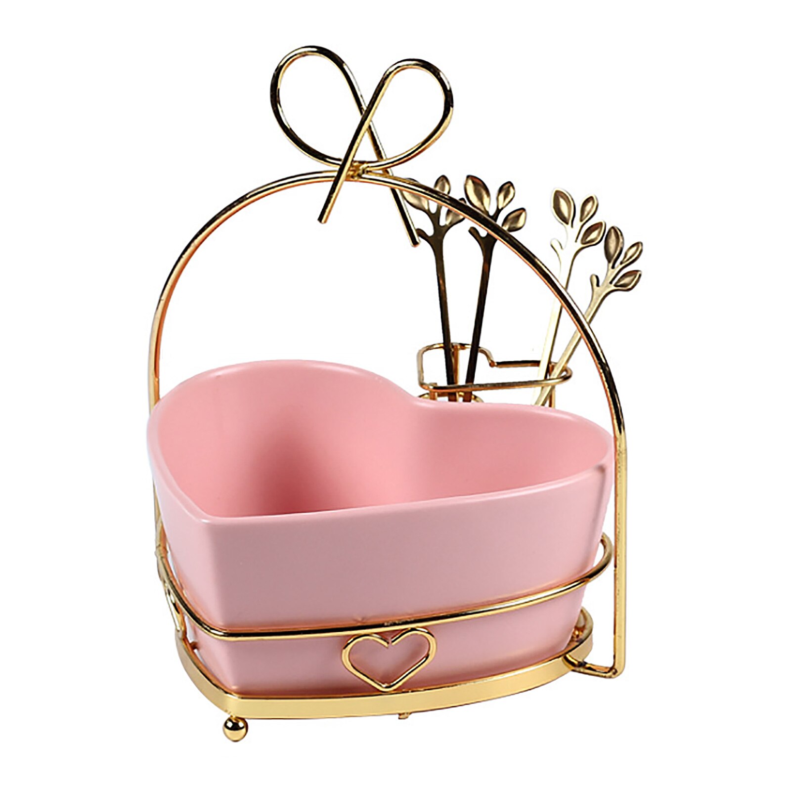 Heart-shaped Ceramics Fruit Tray 650ML Salad Bowl Handicraft Kitchen Tools Iron Art Beautiful Home Friendly Storage Box: pink A1