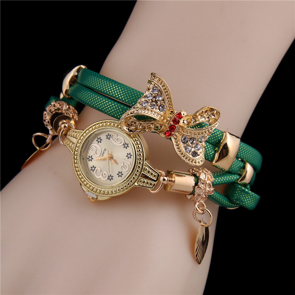 Dames Vlinder Retro Armband Horloges Vrouwen Mooie Bruiloft Quartz Horloges 6 Kleuren Rhinestone Delicate Vrouwelijke Horloges: Green