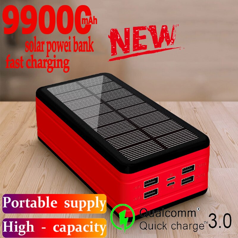 99000mAh Solar Power Bank Large Capacity Portable Charger Outdoor Emergency PoweBank4USB Fast Charging For Xiaomi Samsung IPhone: Red