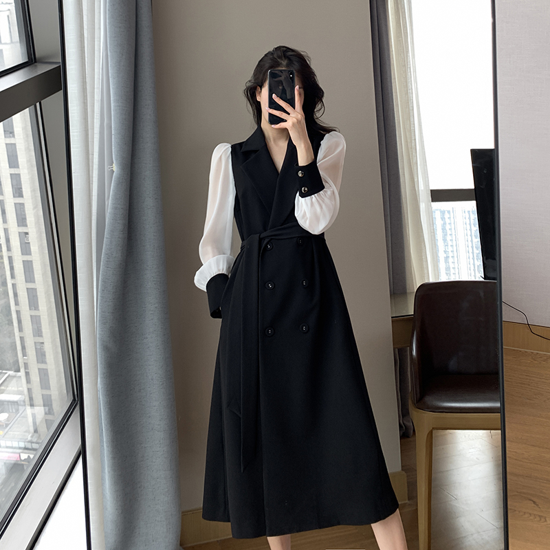 Vintage belte maxi kjoler for kvinner hakk lange ermer kontor dame blazer kjole høst vinter lang a-linje svart kjole: Xl