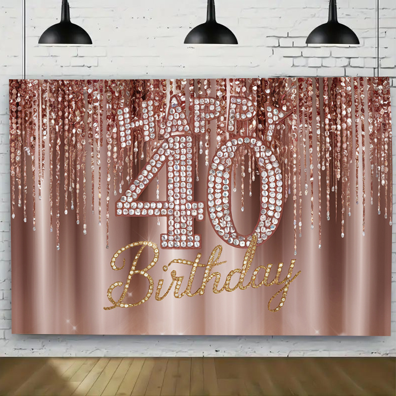 1 pared de fondo para celebración del 40 cumpleaños: brillante de "40" y "feliz cumpleaños" dorado, decoración para de cumpleaños