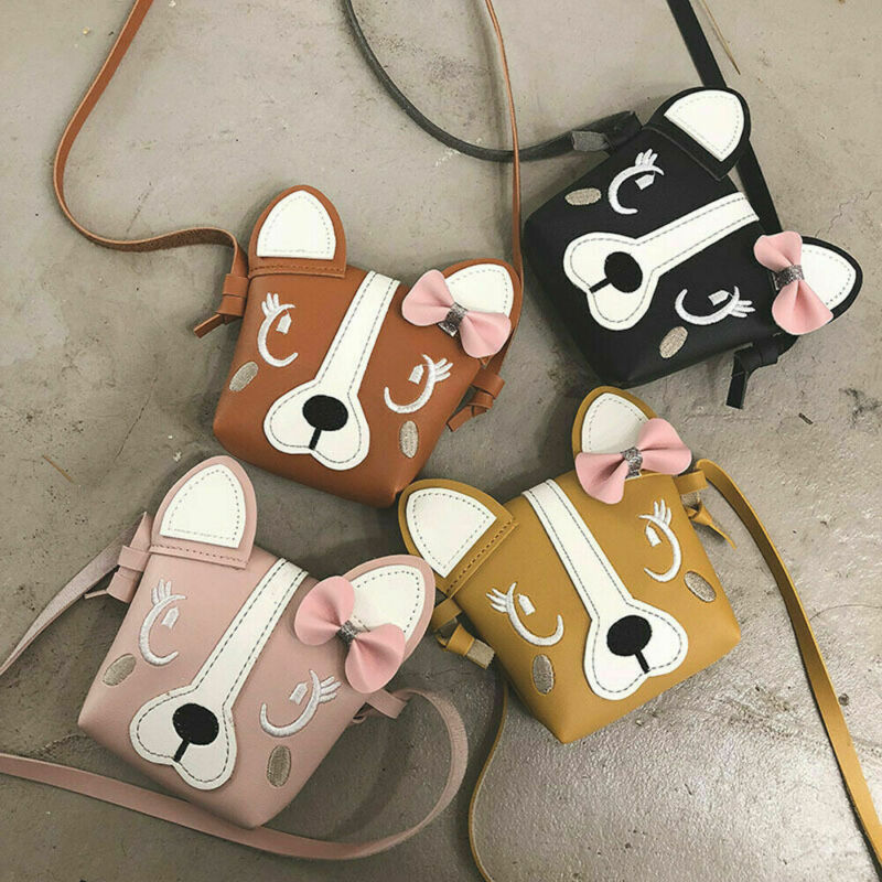 Kids Girl Crossbody Mini Shoulder Bag PU Leather Cute Dog Bowknot Kids Girls Casual Messenger Bags Handbag