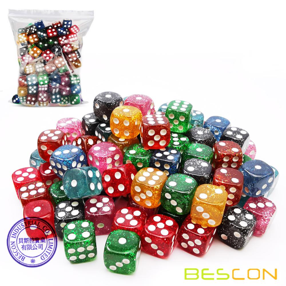 Bescon "Veel Glitter" 16MM D6 Set 100 pcs, diverse Gekleurde Glitter Dobbelstenen Set 100pcs