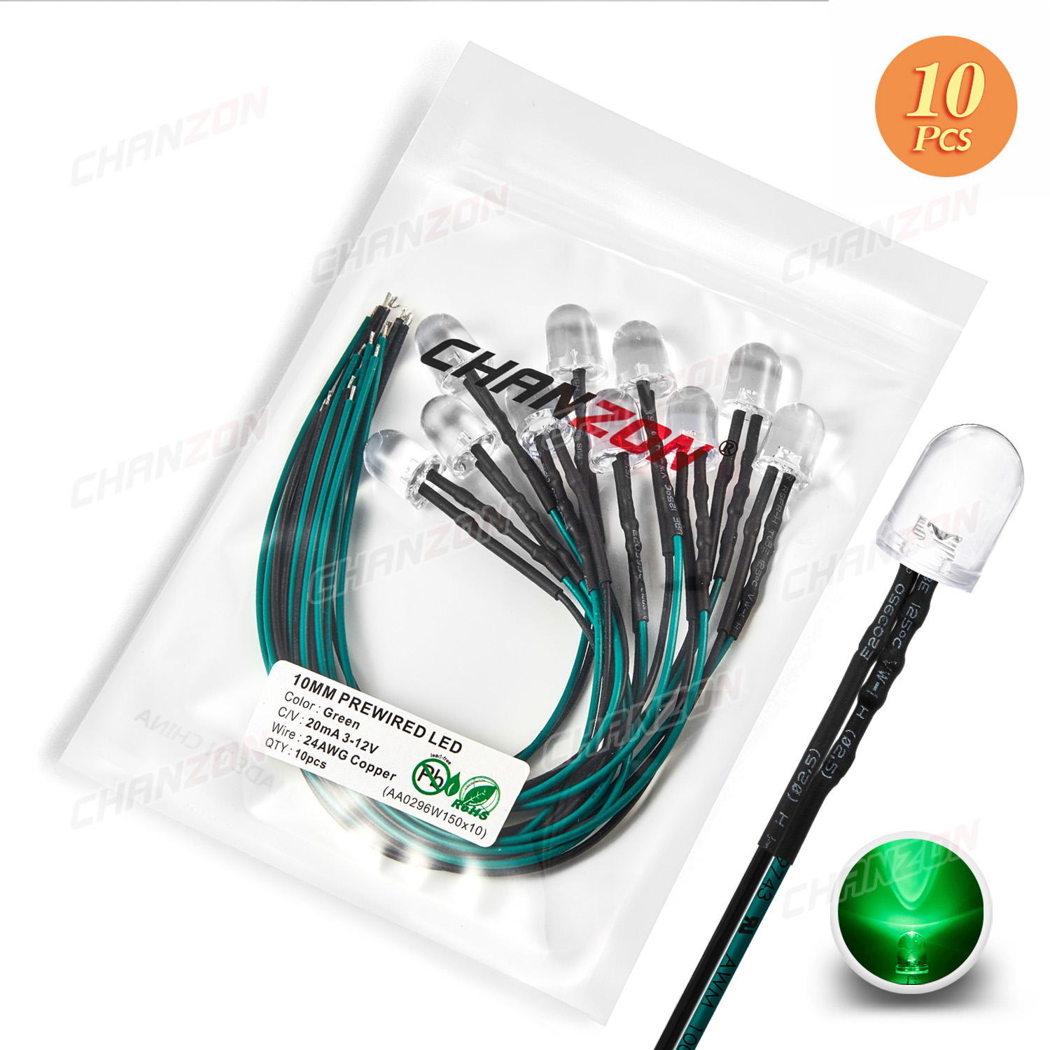 10pcs Bright 10mm Prewired LED 5V 6V 9V 12V Light Beads White Red Green Blue Yellow Emitting Diode Pre Wired Cable DIY Lamp Bulb: Green