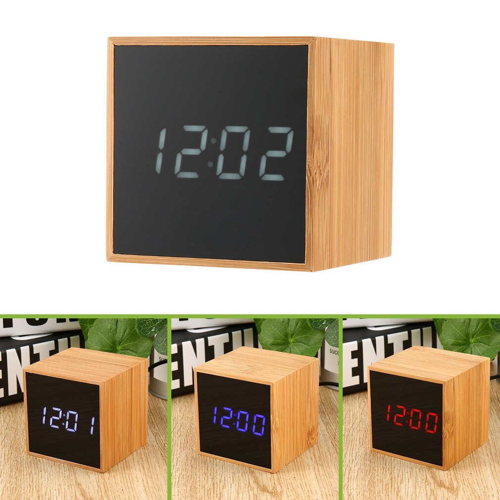Sound control LED Digital Alarm Clock 3 Brightness USB Chargeable Bamboo Cube Clock Desktop Desk LED Clock Home Office Travel