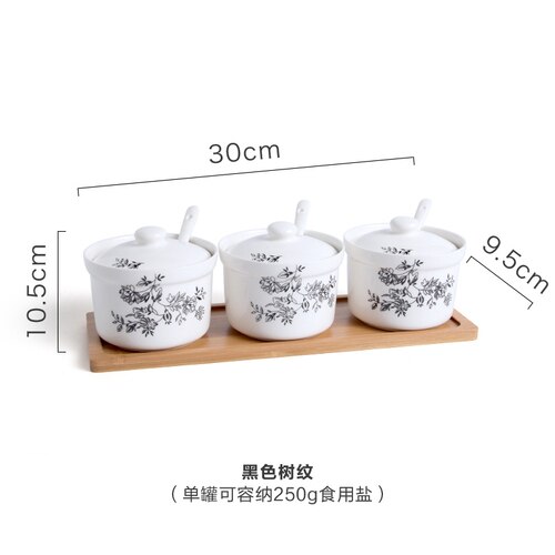 De cerámica Set de tarros de condimento botella de Salt Shaker utensilios para el hogar estilo japonés especia tanque accesorios de herramientas de cocina con asiento de almacenaje: Black tree pattern