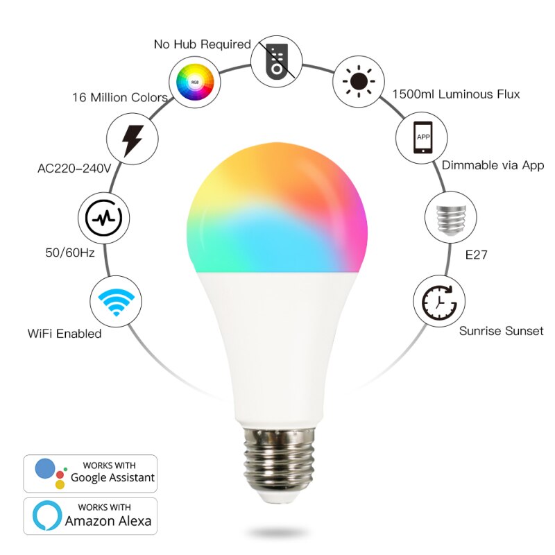 Lampe LED intelligente à intensité variable, wi-fi, 14W, RGBCW E27, application Smart Life/Tuya, 220-240V, télécommande, fonctionne avec Alexa Echo Google Home, nouveauté
