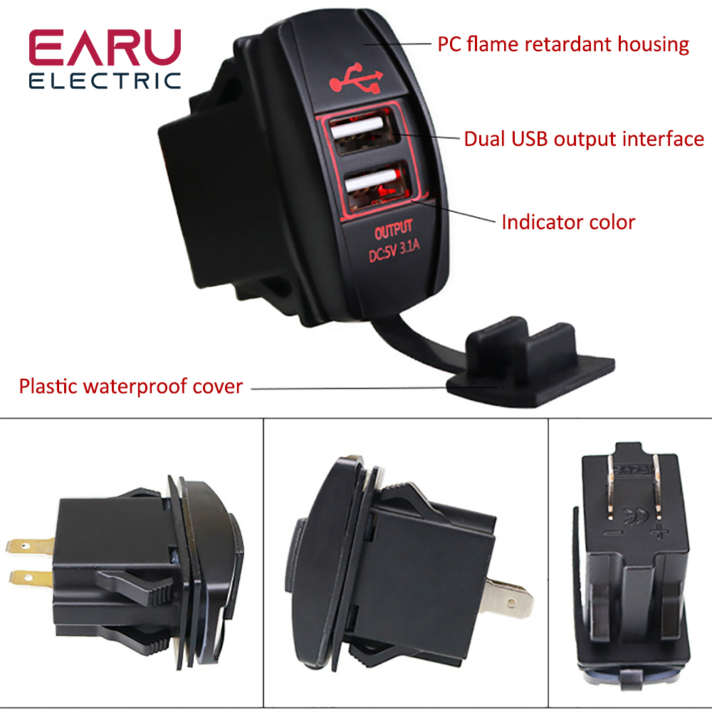 Earu 12-24V Dual Usb Auto Motorfiets Oplader 5V 3.1a Universele Auto Oplader Voor Auto Motorfiets Elektrische Auto Atv Boot