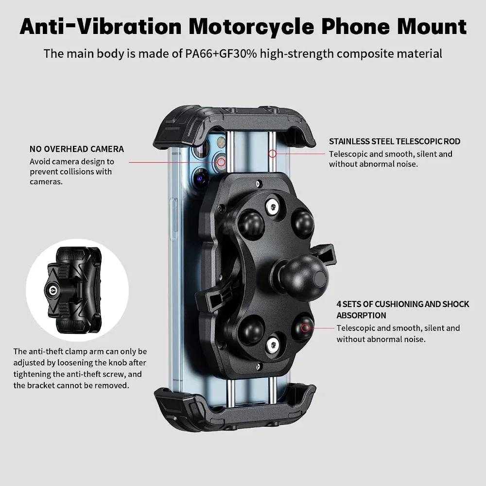 Motorcycle Phone Mount Holder Vibration Dampener Secure Lock Bike Handlebar Phone Mount for 16/15/ 14/13 Pro Max 5.4-7.2" Phones