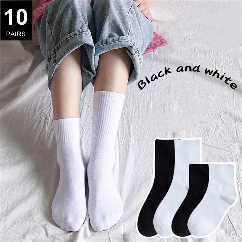 Calcetines clásicos de algodón 95% para mujer y hombre, medias largas y cortas de Color sólido, Color blanco y negro, 10 par/paquete