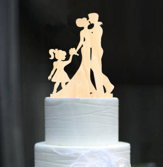 Familie stil rustikke træ bryllupskage topper brud og brudgom kage toppers med børn dreng eller pige kage dekorere baby shower: Stil 5