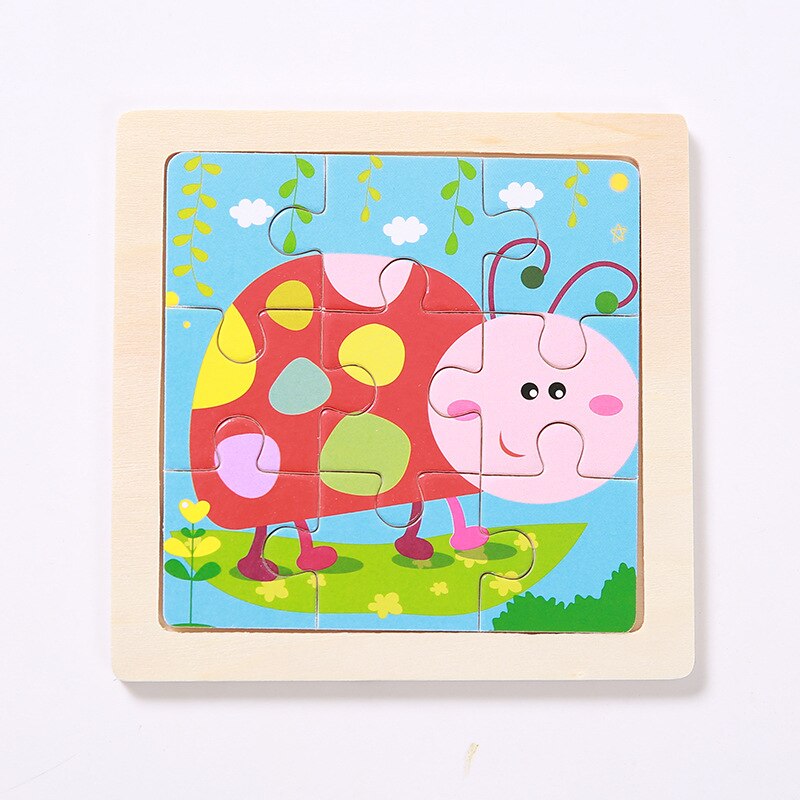 Mini Size 11*11CM Kids Toy Wood Puzzle Wooden 3D Puzzle Jigsaw for Children Baby Cartoon Animal/Traffic Puzzles Educational Toy: beetle