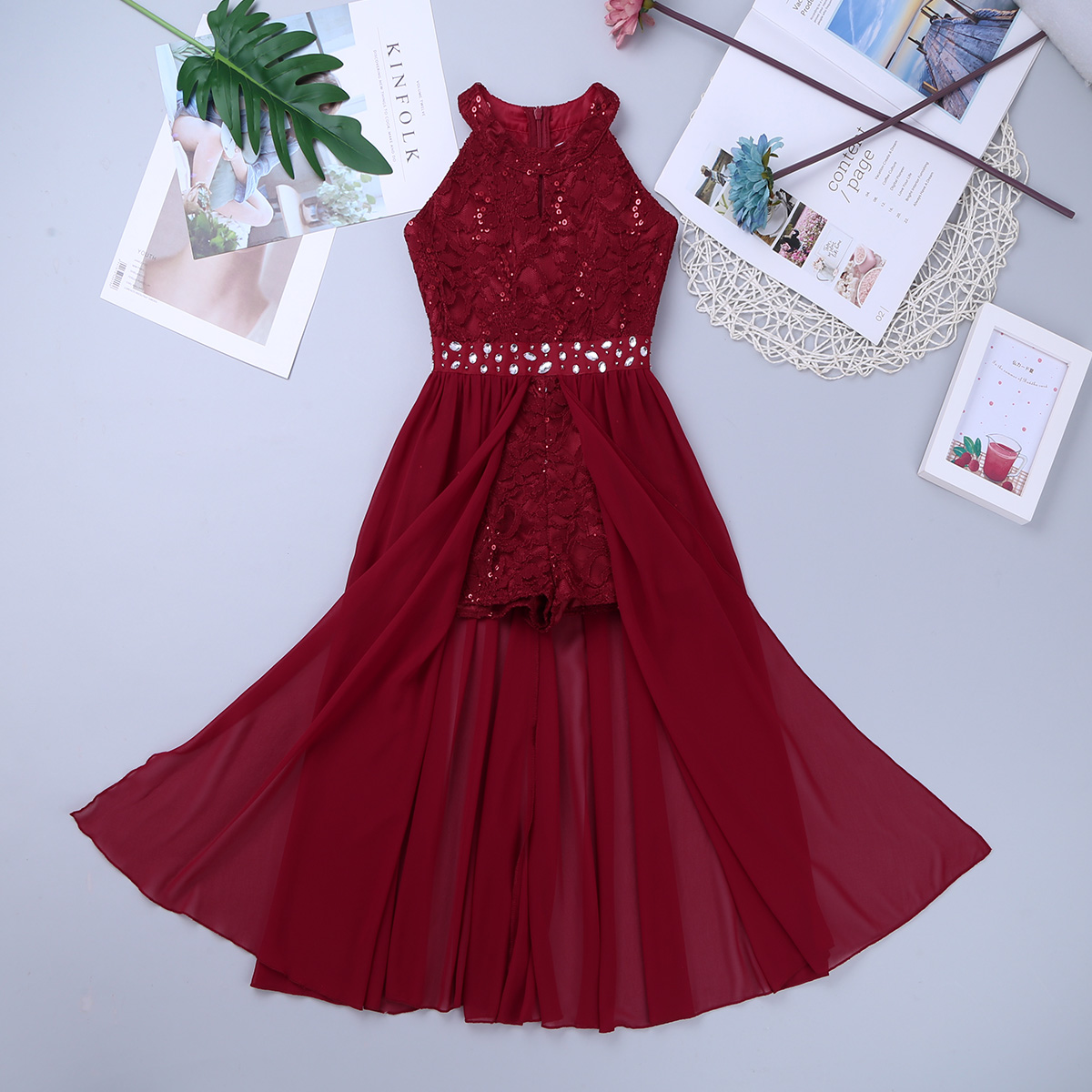 Meisjes Lyrische Dans Turnpakje Jurk Dancewear Mouwloze Bloemen Kant Strass Bruiloft Verjaardag Feestjurk