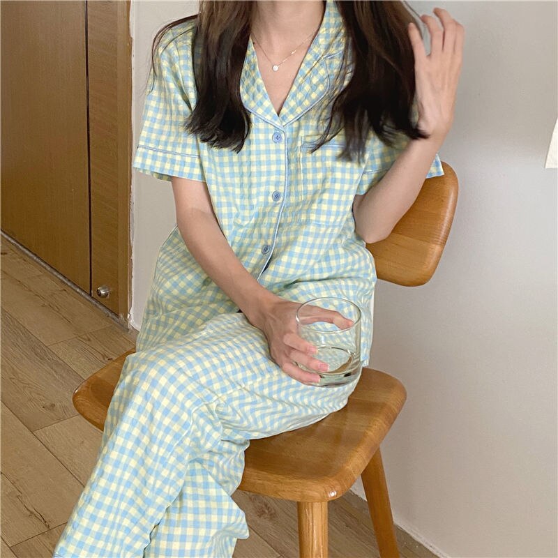 QWEEK Plaid Women&#39;s Pajamas Female Brief Lounge Set Woman 2 Pieces Sleepwear Suit Pijama Korean Short Sleeve Pyjamas Nightwear