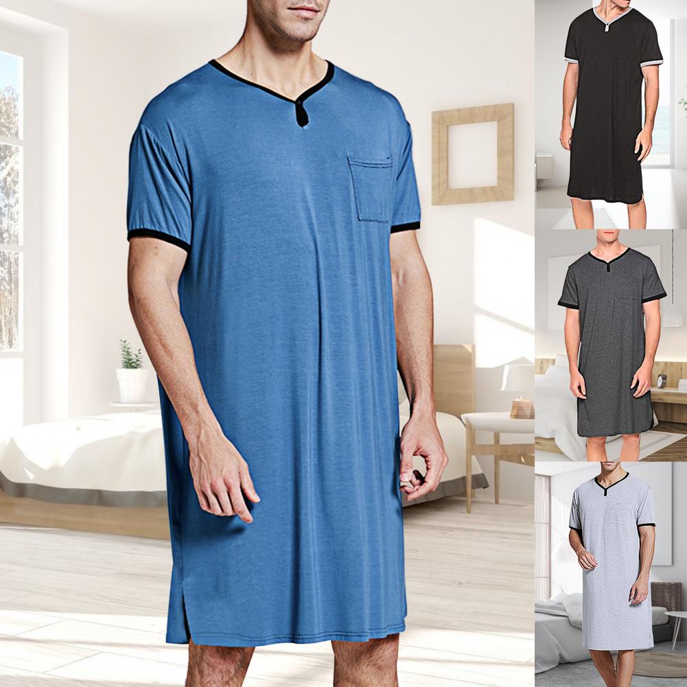 Mannen Slaap Gewaden Korte Mouw O Hals Pocket Nachthemd Zachte Losse Knielange Nachtjapon Homewear Heren Badjassen
