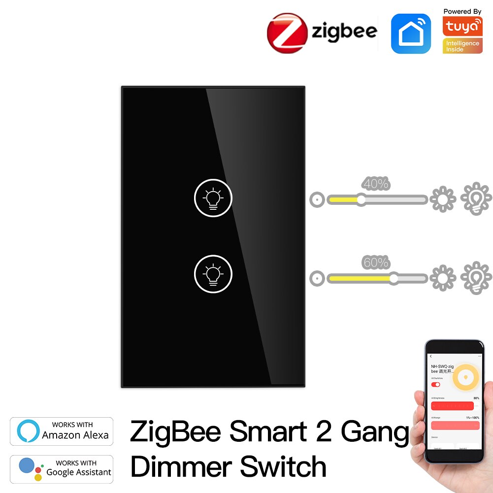 ZigBee – interrupteur variateur de lumière intelligent multi-gangs, contrôle indépendant, application Tuya, fonctionne avec Alexa Google Home, 1/2/3 gangs: US 2 Gang Black