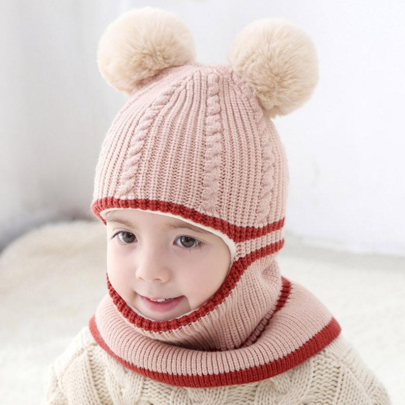 Doitbest 2-6 Y Winter hat for kids beanies two Fur hairball boys Beanie Child knit hats Protect face neck kid girls Earflap Caps: Beige