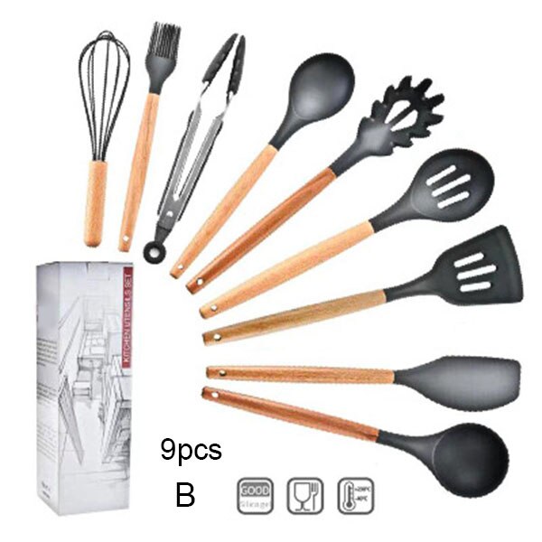Ustensiles de cuisine en Silicone | Ustensiles de cuisine, ensemble d'ustensiles de cuisine, ustensiles de cuisine antiadhésifs, poignées en bois, outils de cuisine, pinces tournantes cuillère: 9pcs B