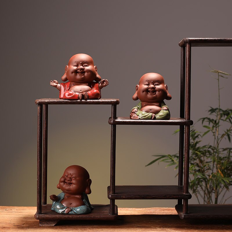 Hecho a mano púrpura arena lindo Maitreya Buda muñeco de monje adornos dedos té jugar té artesanía de mascotas
