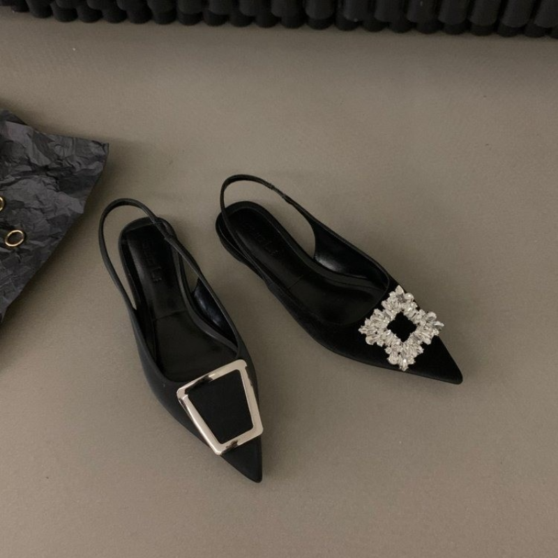 Sommer damesandaler sko strass slip på flate hæler dame spisse tå slingback sandaler