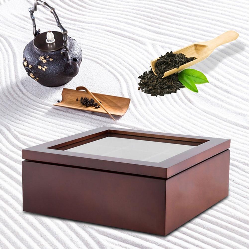 Wooden Tea Box 9-Compartment Organizer Storage Case Tea Coffee Dried Flowers Protect Storage Boxes
